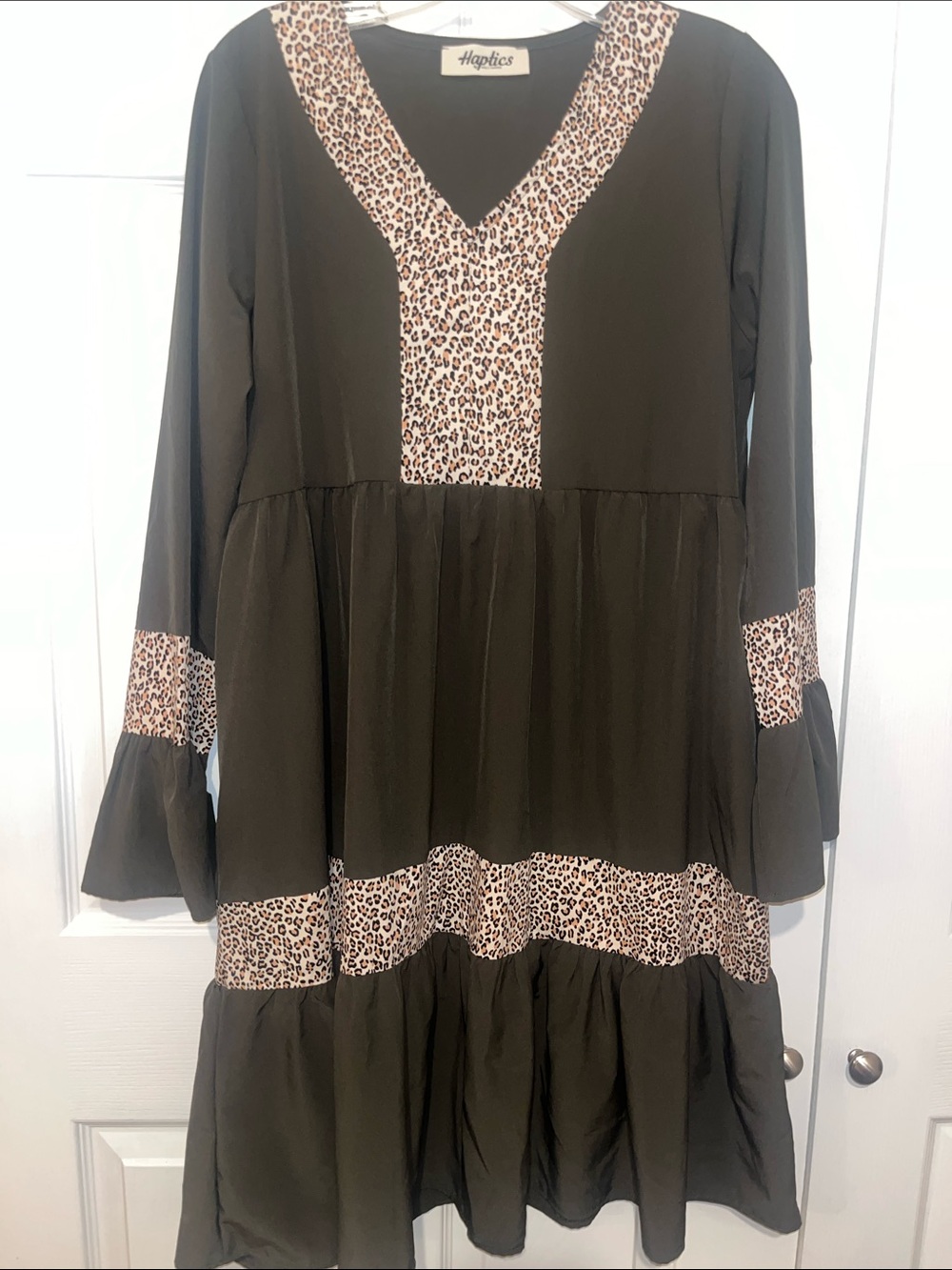 Haptics Olive Green Tiered Dress with Leopard Trim